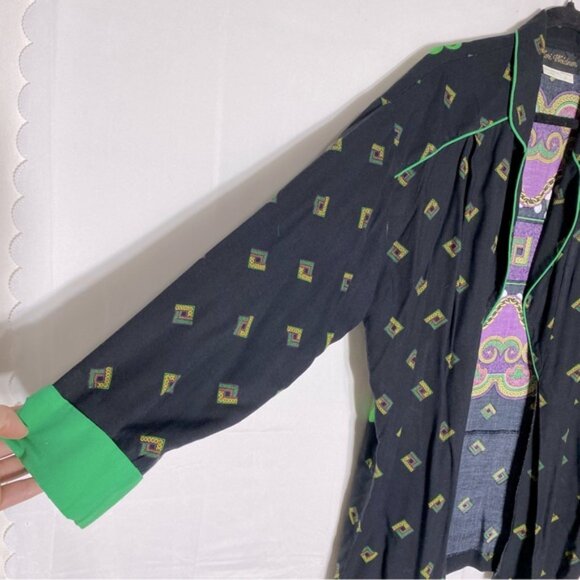 Vintage Lori Weidner Black Green Purple Bold Print Open Front Light Jacket 8 - Picture 9 of 14